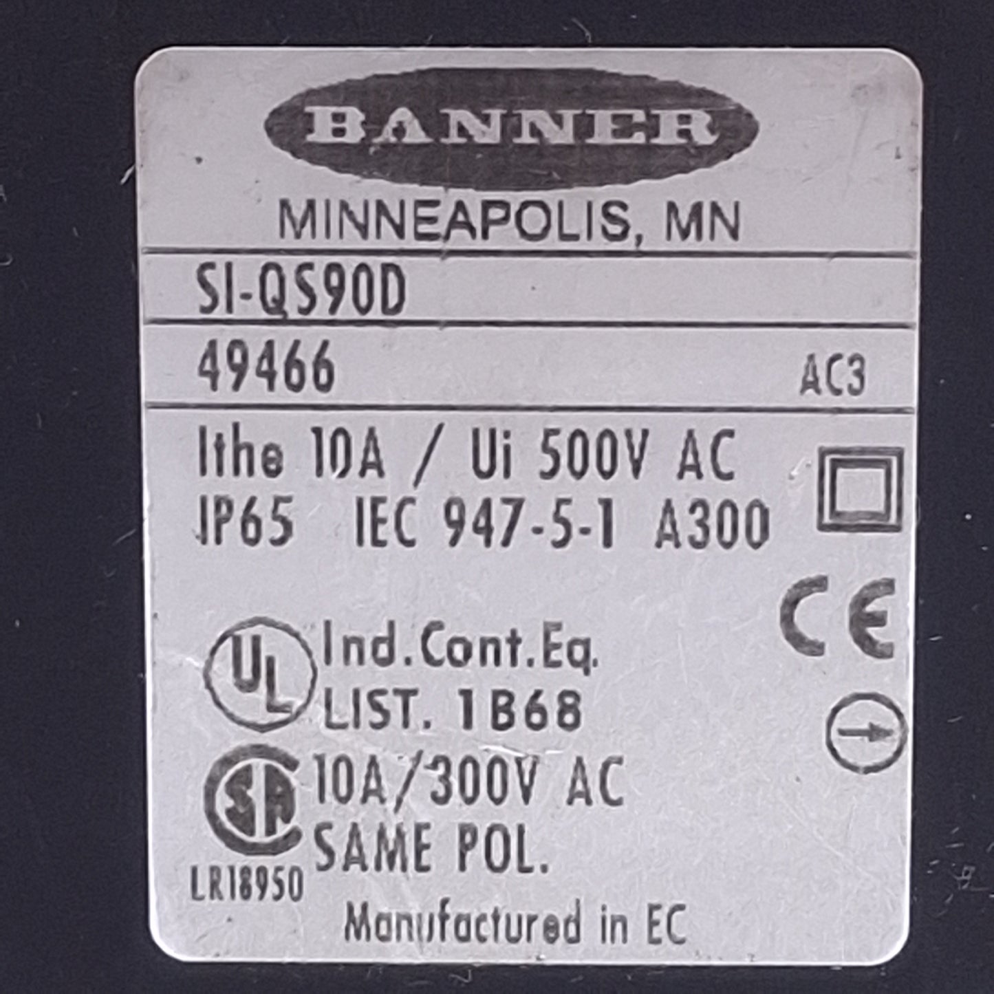 Used Banner SI-QS90D Compact Safety Interlock Switch 1NC+1NO, 250VAC 10A *No Key*