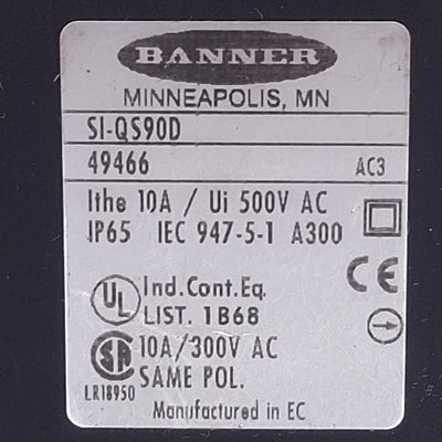Used Banner SI-QS90D Compact Safety Interlock Switch 1NC+1NO, 250VAC 10A *No Key*