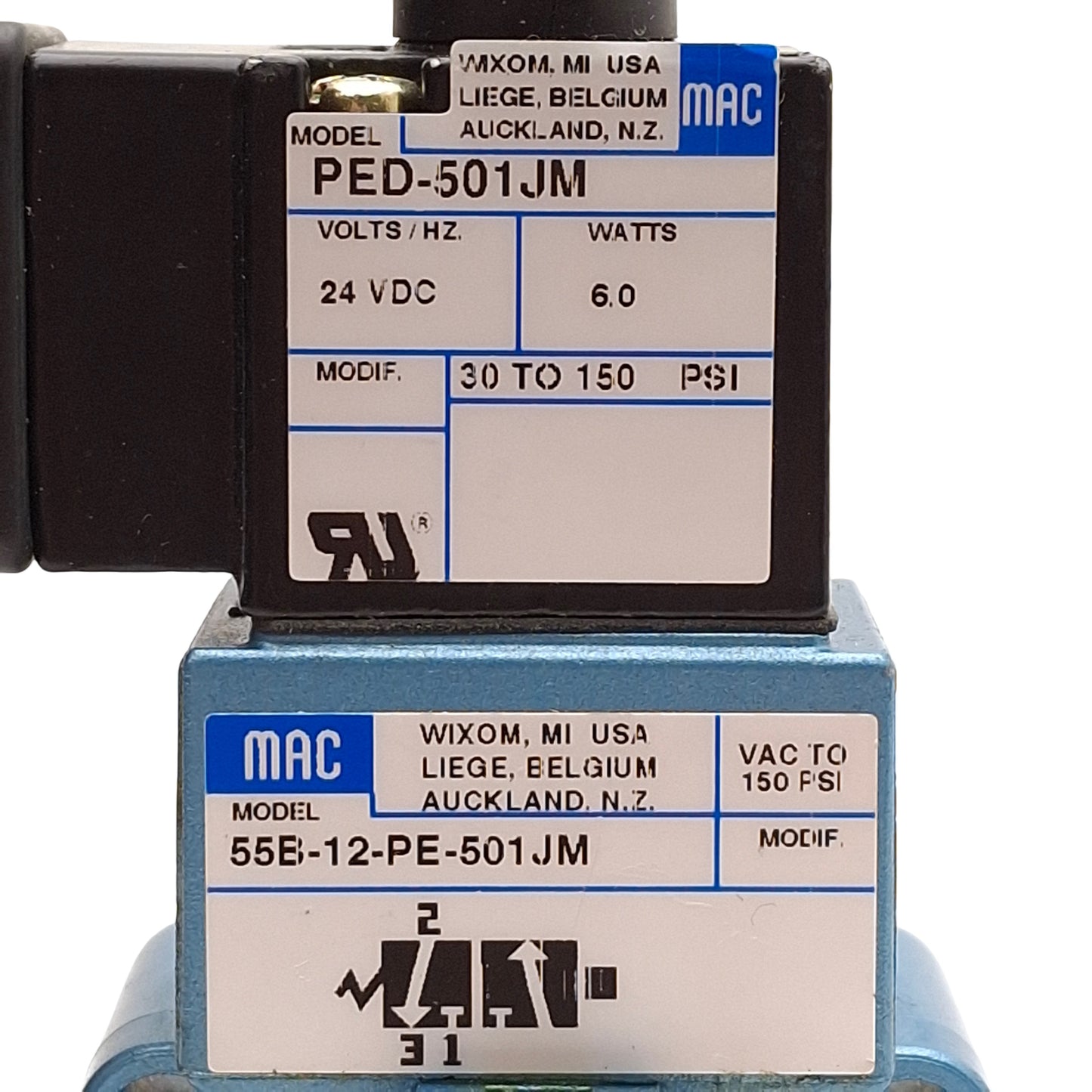 Used Mac 55B-12-PE-501JM Solenoid Valve, 3/2-NC, 30-150psi, 3/8in NPTF, 24VDC Coil