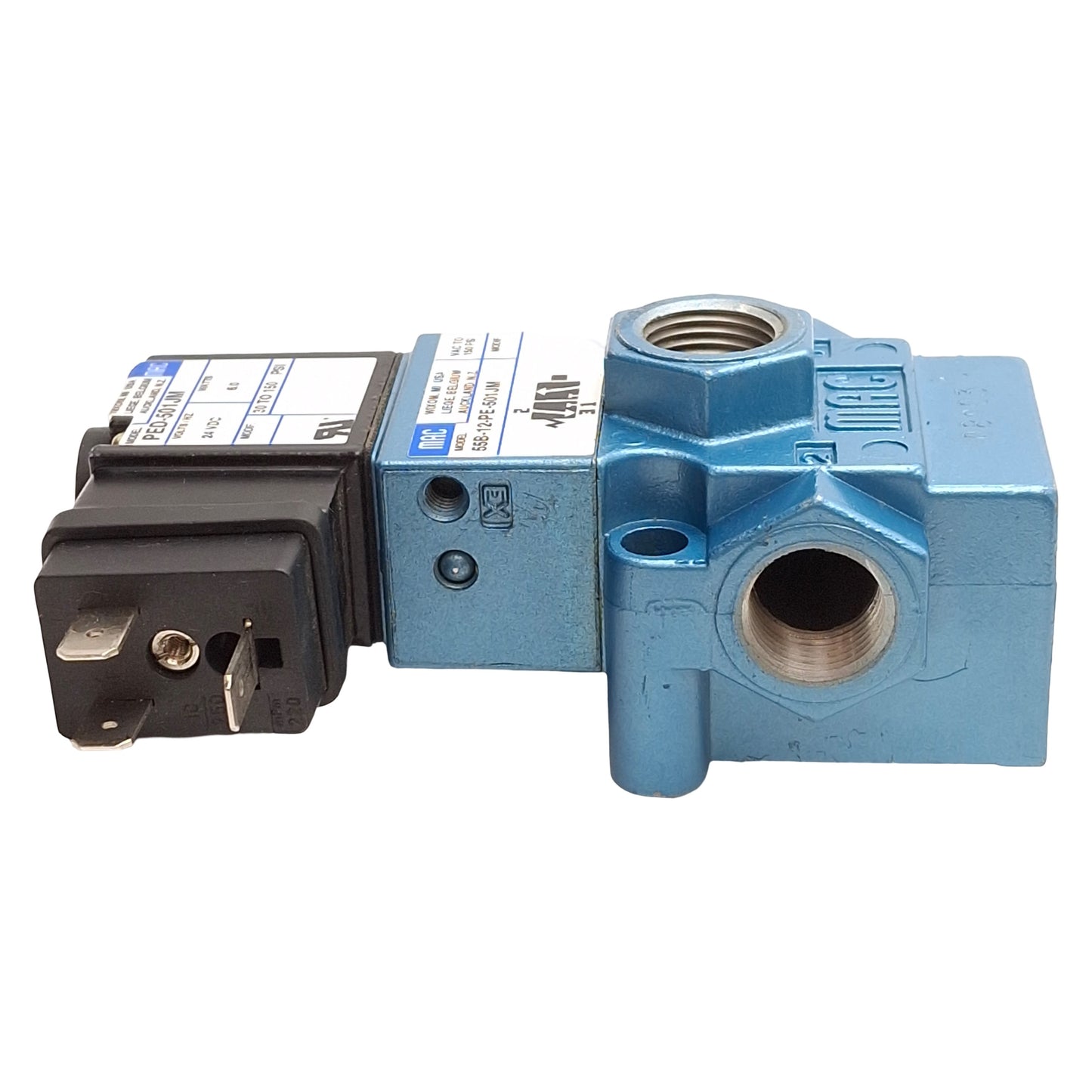Used Mac 55B-12-PE-501JM Solenoid Valve, 3/2-NC, 30-150psi, 3/8in NPTF, 24VDC Coil