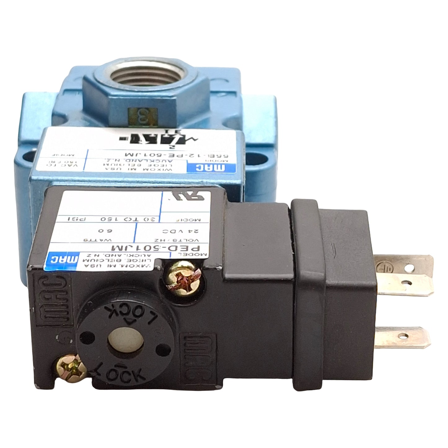 Used Mac 55B-12-PE-501JM Solenoid Valve, 3/2-NC, 30-150psi, 3/8in NPTF, 24VDC Coil