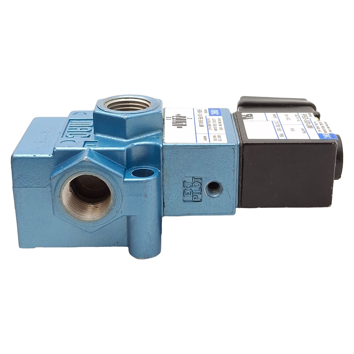 Used Mac 55B-12-PE-501JM Solenoid Valve, 3/2-NC, 30-150psi, 3/8in NPTF, 24VDC Coil
