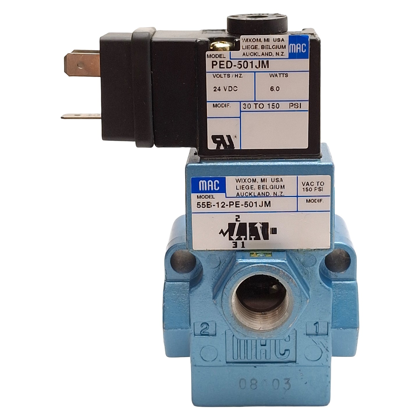 Used Mac 55B-12-PE-501JM Solenoid Valve, 3/2-NC, 30-150psi, 3/8in NPTF, 24VDC Coil