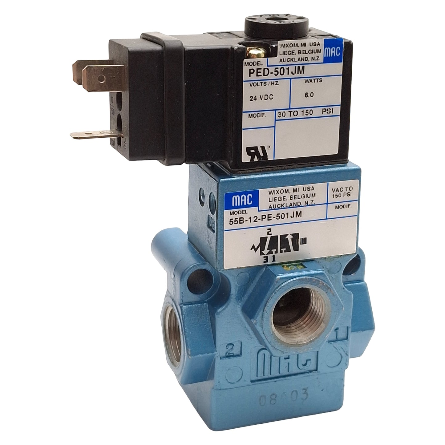 Used Mac 55B-12-PE-501JM Solenoid Valve, 3/2-NC, 30-150psi, 3/8in NPTF, 24VDC Coil