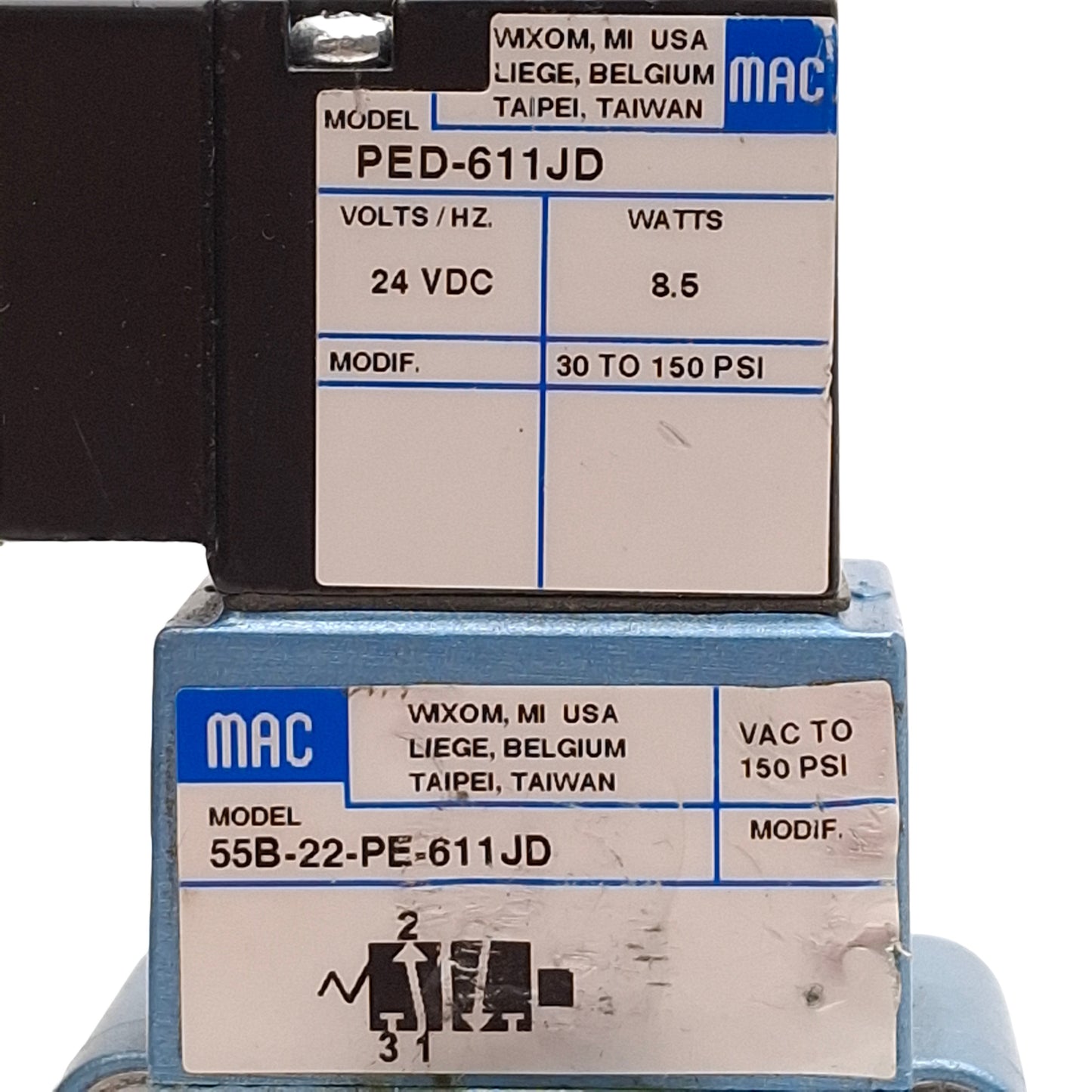 Used Mac 55B-22-PE-611JD Solenoid Valve, 3/2-NO, 30-150psi, 3/8in NPTF, 24VDC Coil
