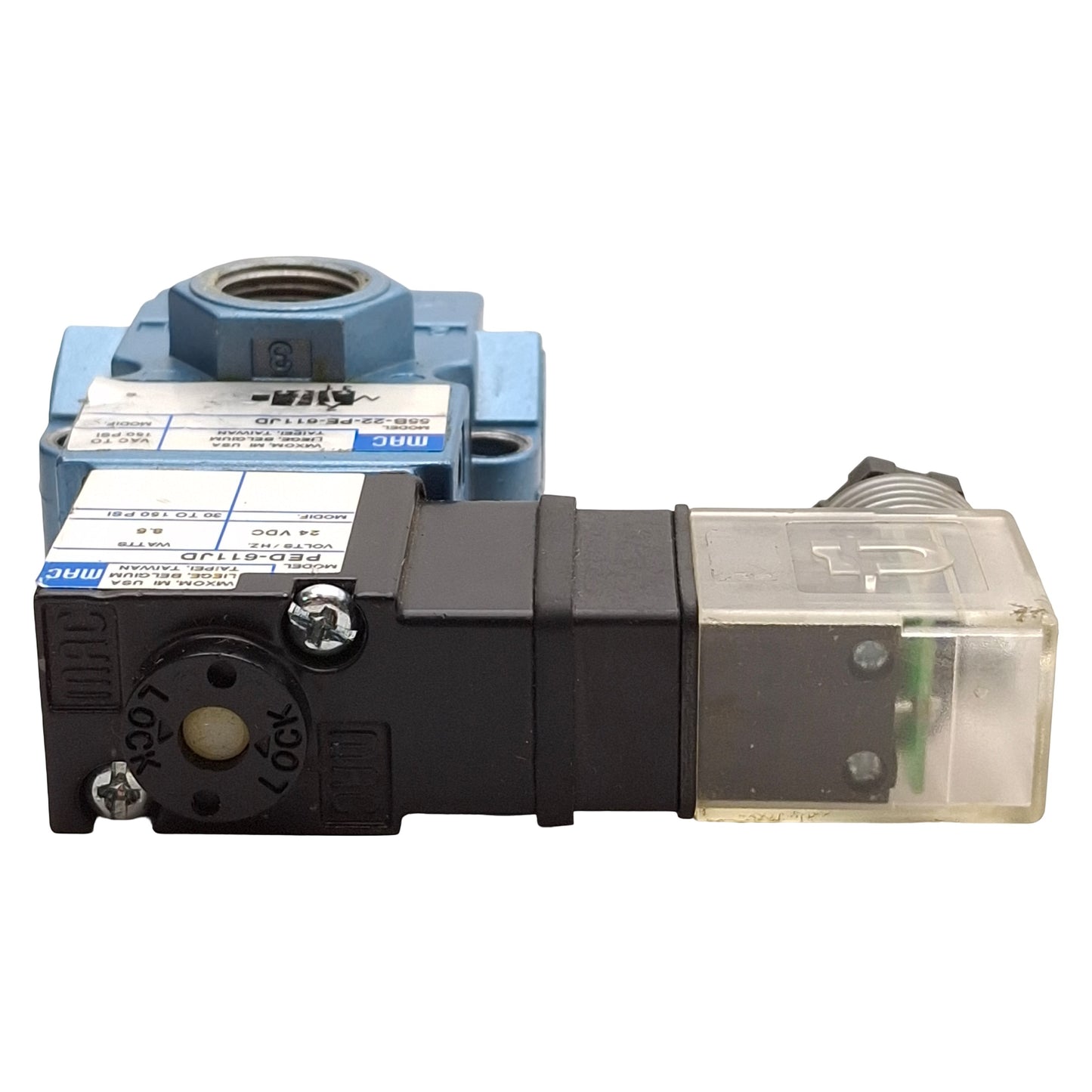Used Mac 55B-22-PE-611JD Solenoid Valve, 3/2-NO, 30-150psi, 3/8in NPTF, 24VDC Coil