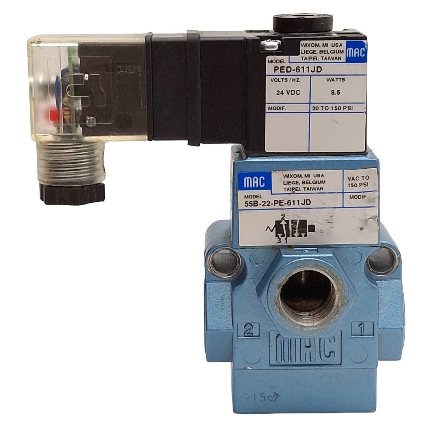 Used Mac 55B-22-PE-611JD Solenoid Valve, 3/2-NO, 30-150psi, 3/8in NPTF, 24VDC Coil