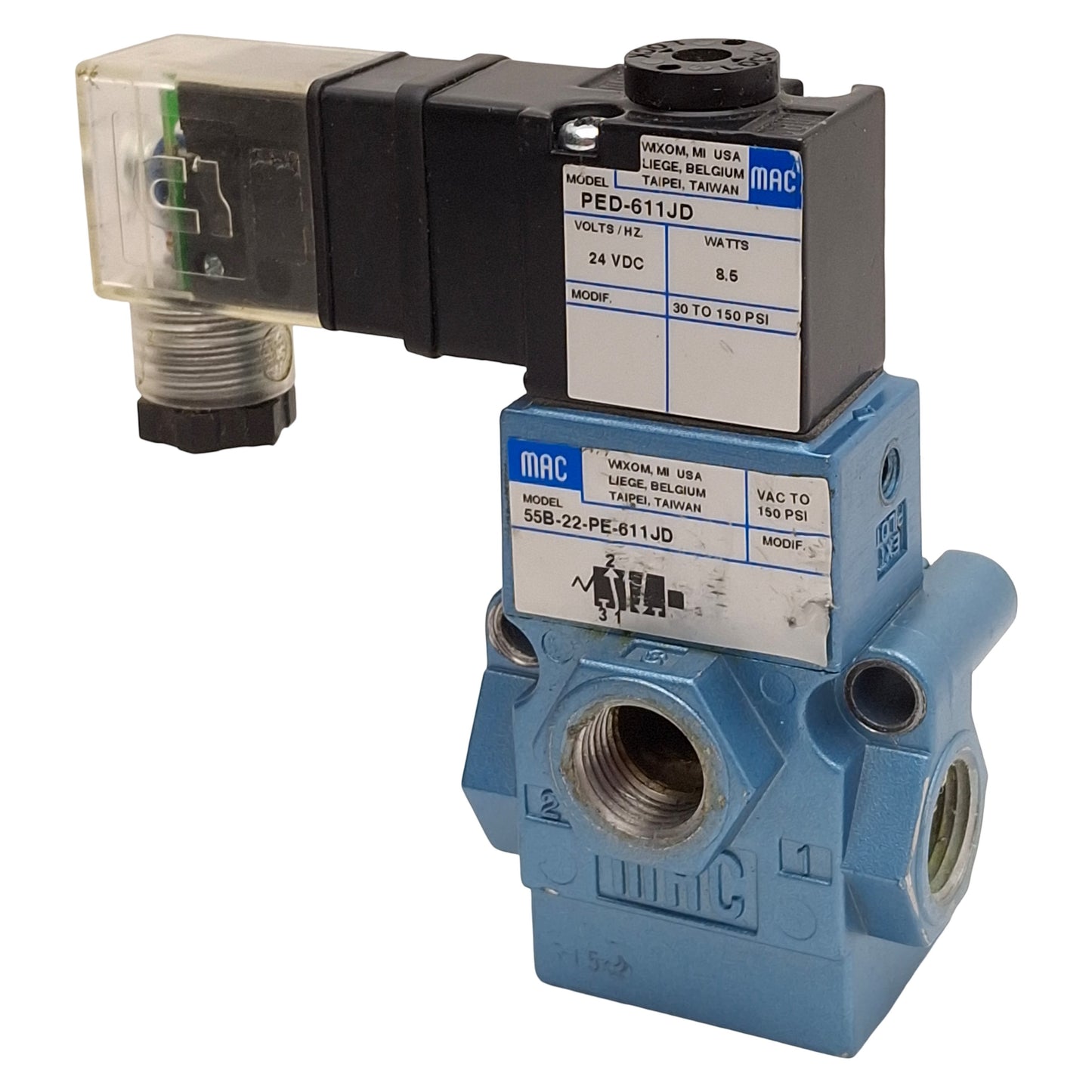 Used Mac 55B-22-PE-611JD Solenoid Valve, 3/2-NO, 30-150psi, 3/8in NPTF, 24VDC Coil