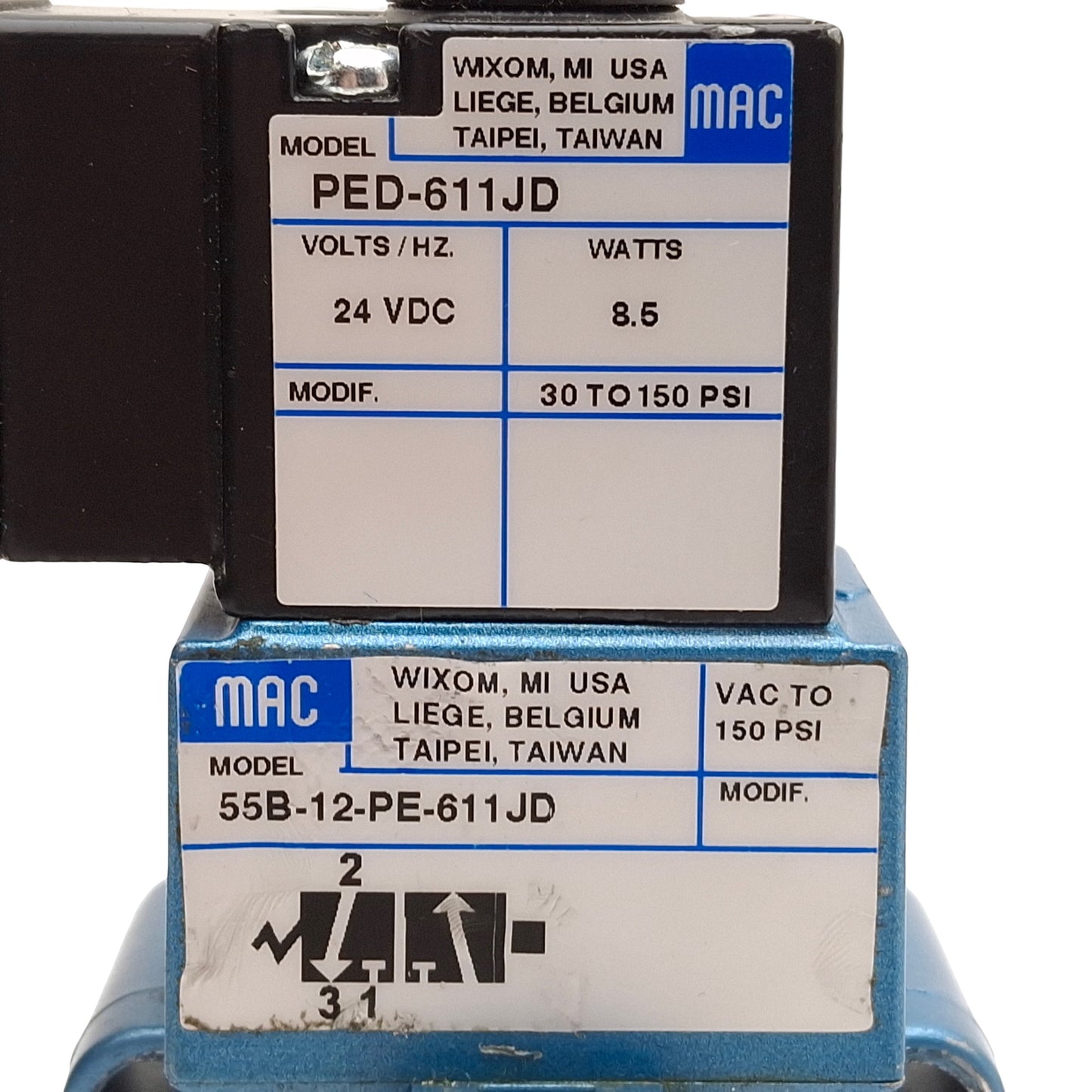 Used Mac 55B-12-PE-611JD Solenoid Valve, 3/2-NC, 30-150psi, 3/8in NPTF, 24VDC Coil