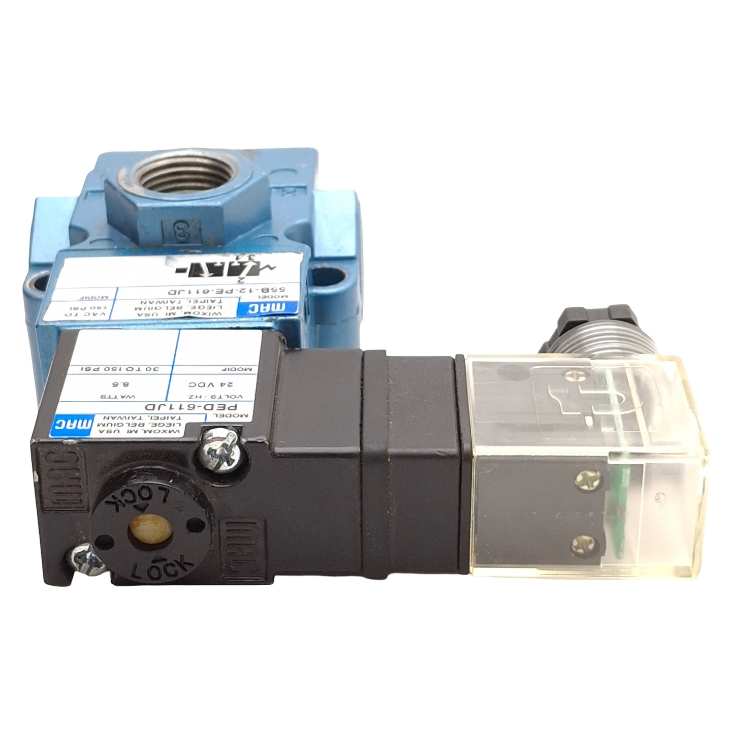 Used Mac 55B-12-PE-611JD Solenoid Valve, 3/2-NC, 30-150psi, 3/8in NPTF, 24VDC Coil