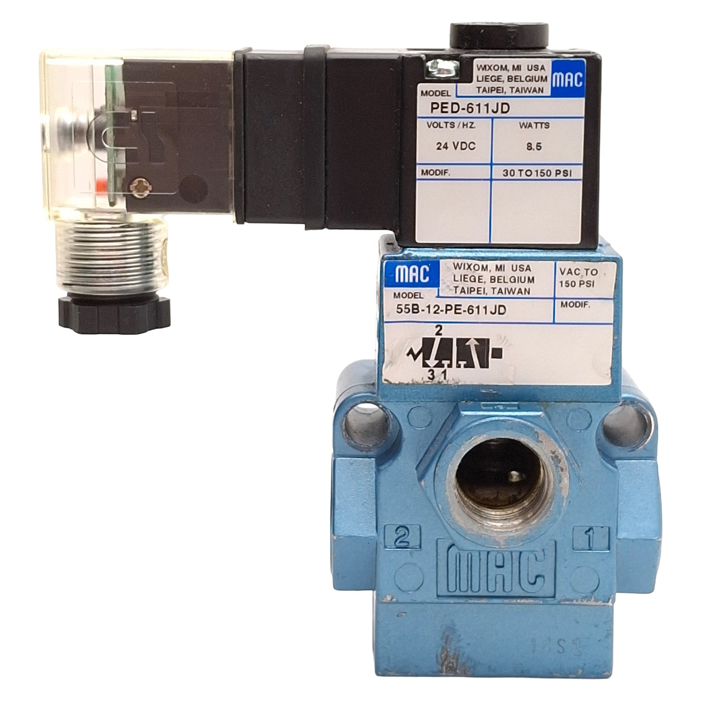 Used Mac 55B-12-PE-611JD Solenoid Valve, 3/2-NC, 30-150psi, 3/8in NPTF, 24VDC Coil
