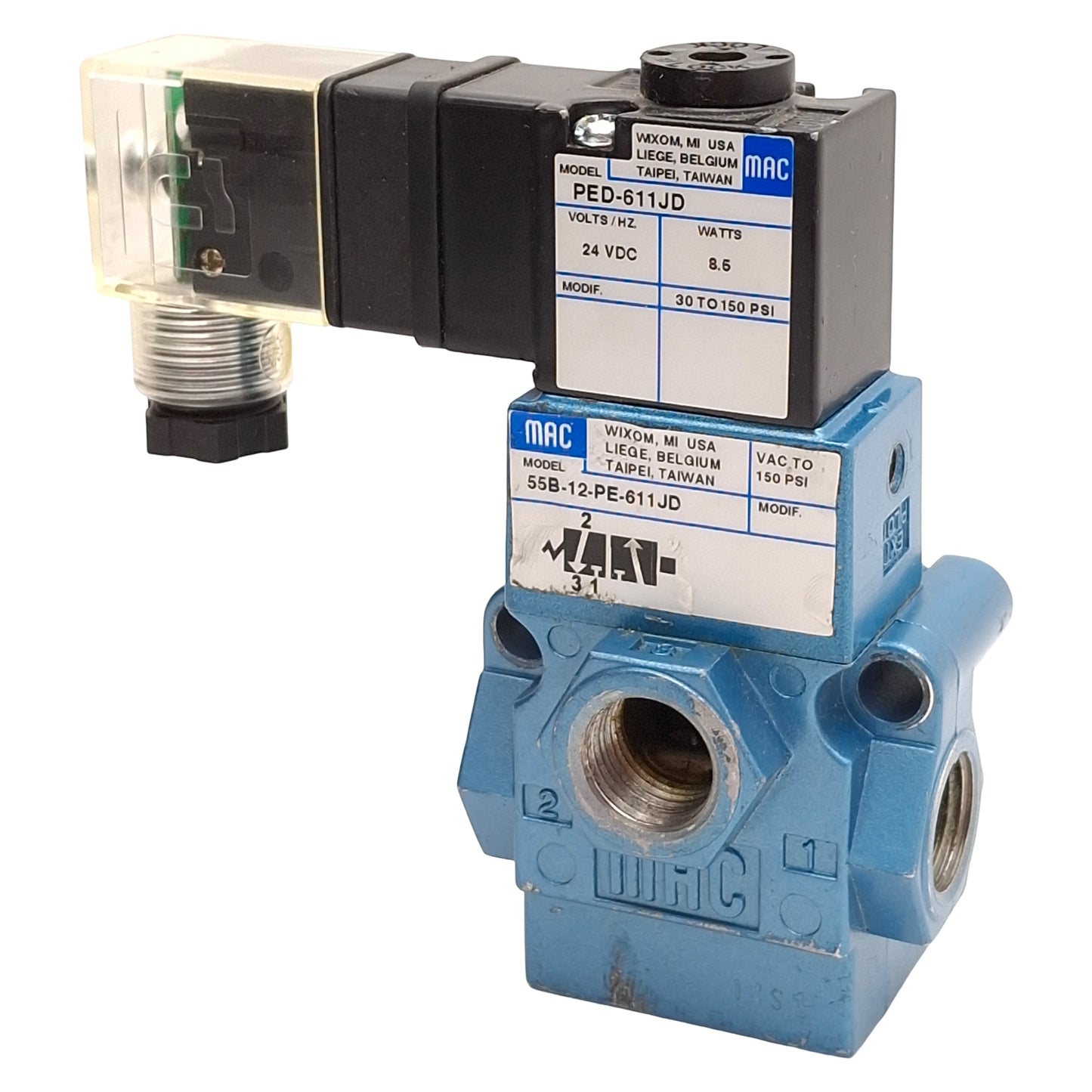 Used Mac 55B-12-PE-611JD Solenoid Valve, 3/2-NC, 30-150psi, 3/8in NPTF, 24VDC Coil