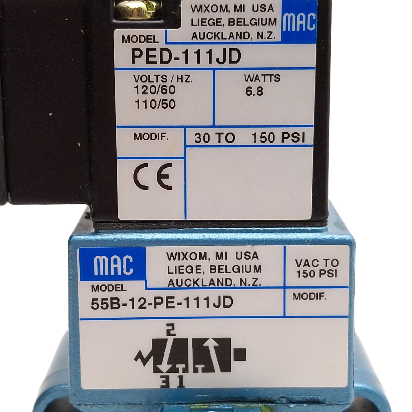 Used Mac 55B-12-PE-111JD Solenoid Valve, 3/2-NC, 30-150psi, 3/8in NPTF, 120VAC Coil