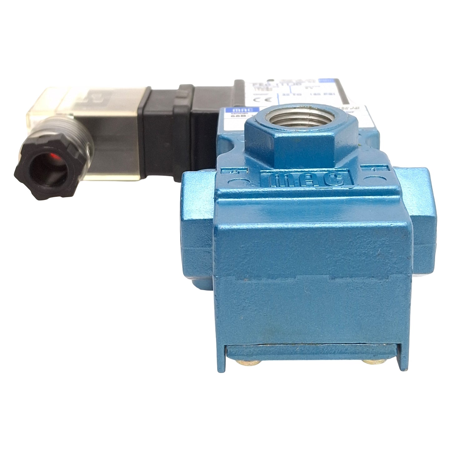 Used Mac 55B-12-PE-111JD Solenoid Valve, 3/2-NC, 30-150psi, 3/8in NPTF, 120VAC Coil