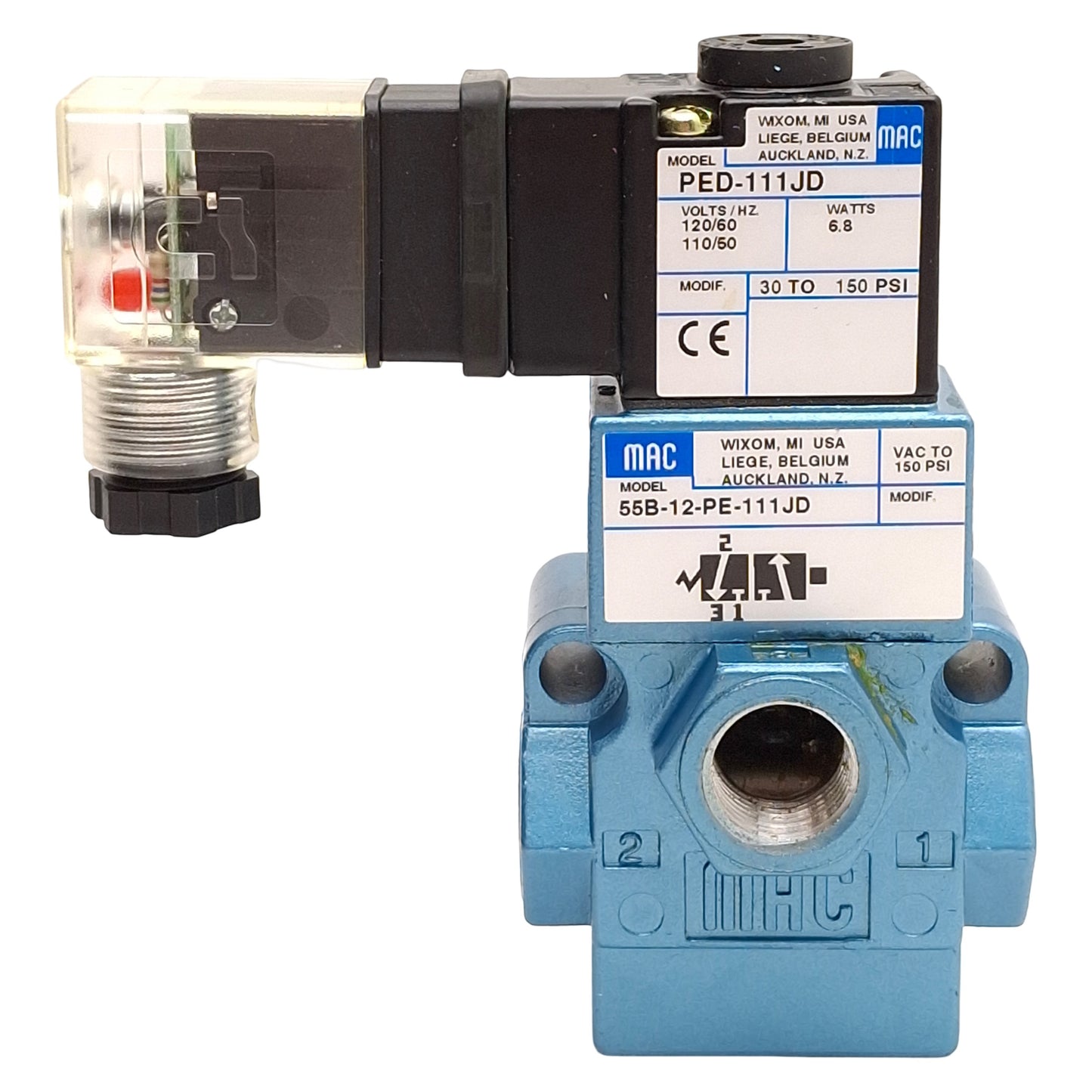 Used Mac 55B-12-PE-111JD Solenoid Valve, 3/2-NC, 30-150psi, 3/8in NPTF, 120VAC Coil