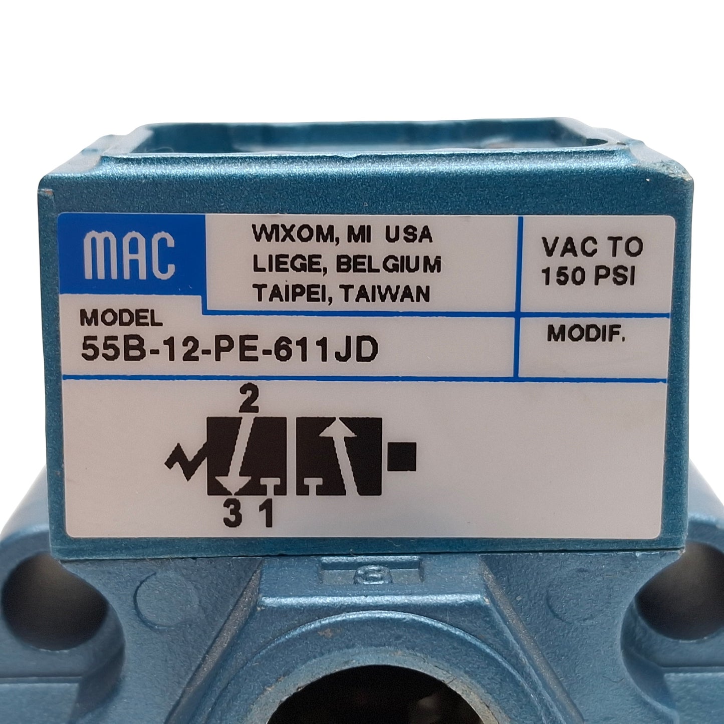 Used Mac 55B-12-PE-611JD Solenoid Valve, 3/2-NC, Vac-150psi, 3/8in NPTF *NO COIL*