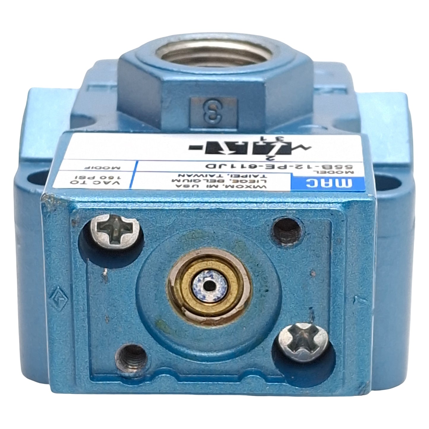 Used Mac 55B-12-PE-611JD Solenoid Valve, 3/2-NC, Vac-150psi, 3/8in NPTF *NO COIL*