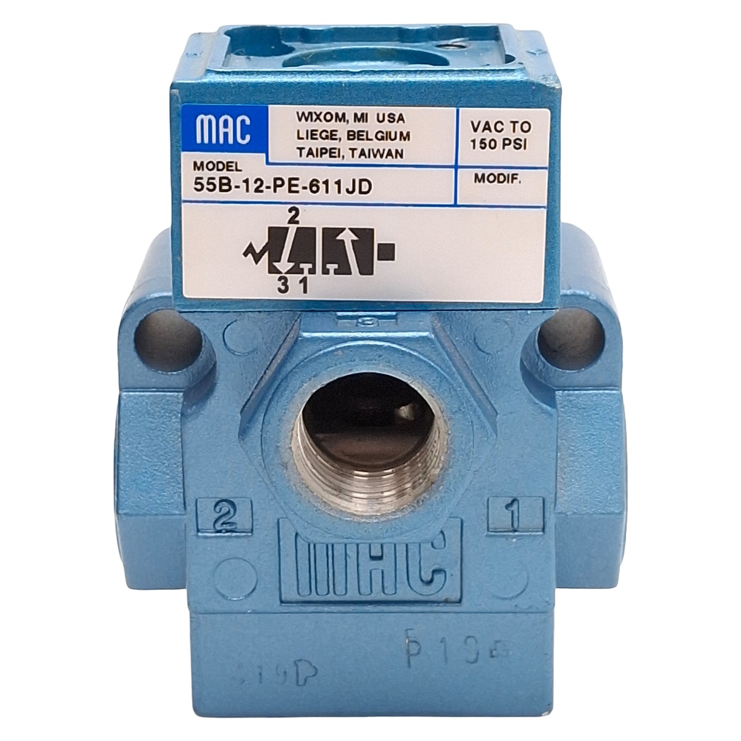 Used Mac 55B-12-PE-611JD Solenoid Valve, 3/2-NC, Vac-150psi, 3/8in NPTF *NO COIL*