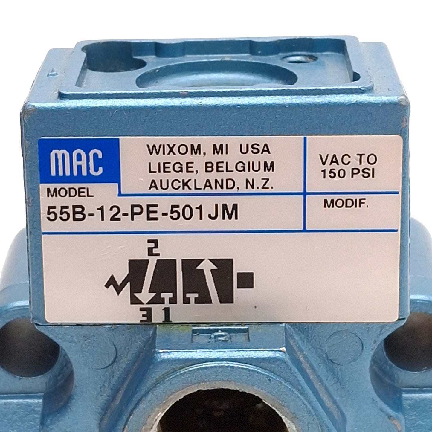 Used Mac 55B-12-PE-501JM Solenoid Valve, 3/2-NC, Vac-150psi, 3/8in NPTF *NO COIL*