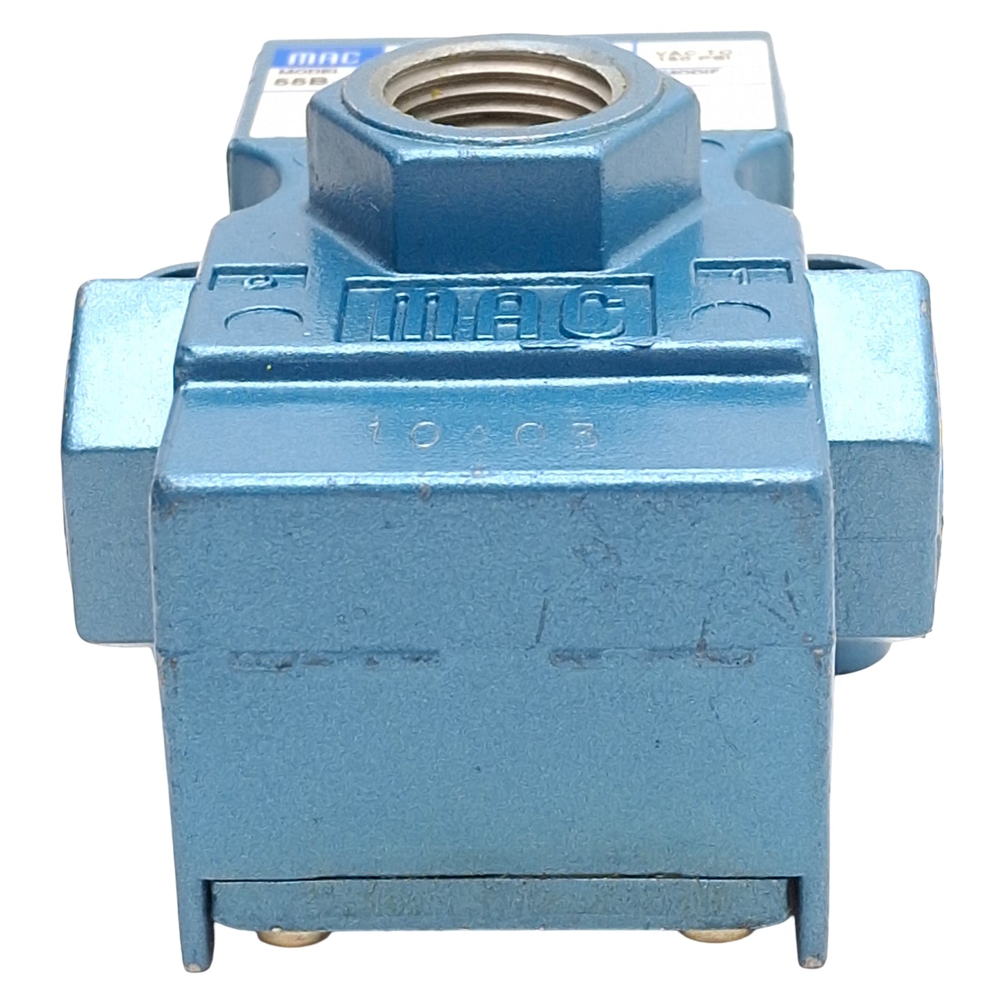 Used Mac 55B-12-PE-501JM Solenoid Valve, 3/2-NC, Vac-150psi, 3/8in NPTF *NO COIL*