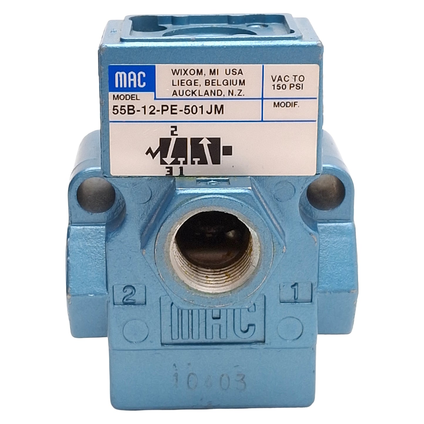 Used Mac 55B-12-PE-501JM Solenoid Valve, 3/2-NC, Vac-150psi, 3/8in NPTF *NO COIL*