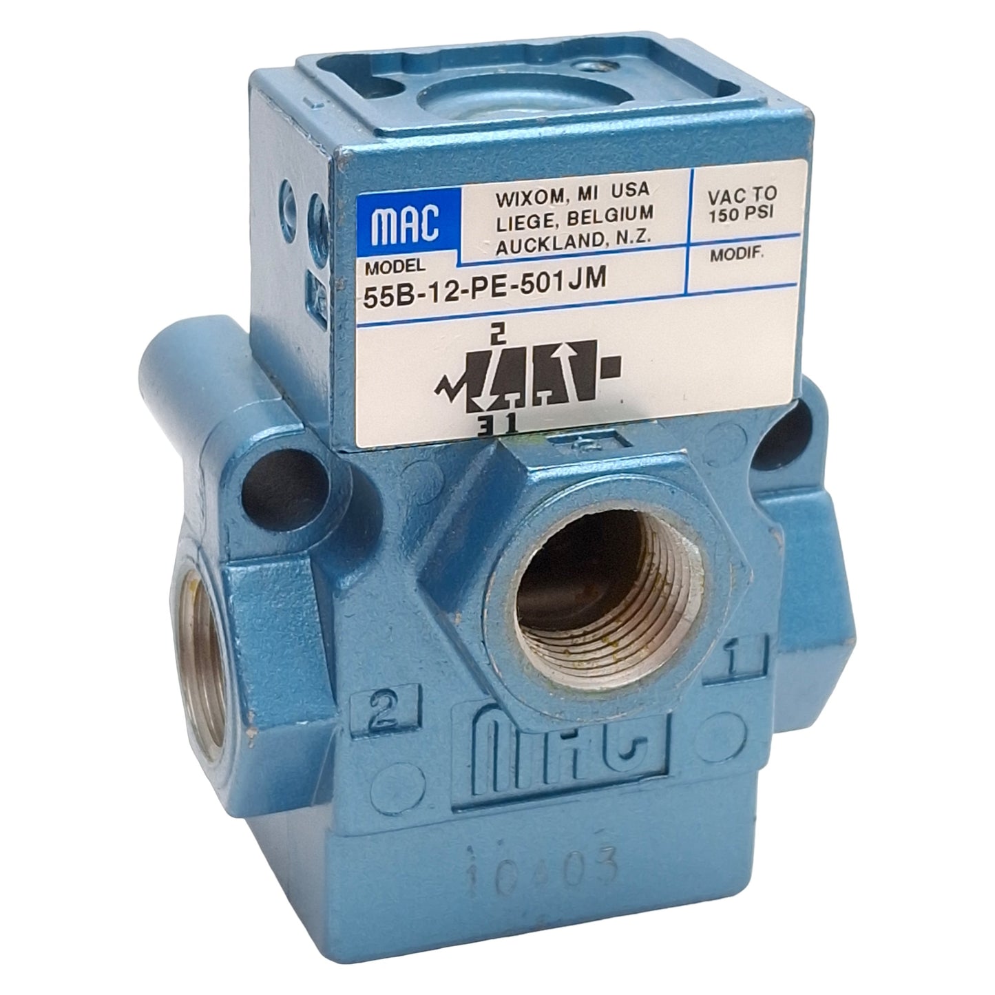 Used Mac 55B-12-PE-501JM Solenoid Valve, 3/2-NC, Vac-150psi, 3/8in NPTF *NO COIL*