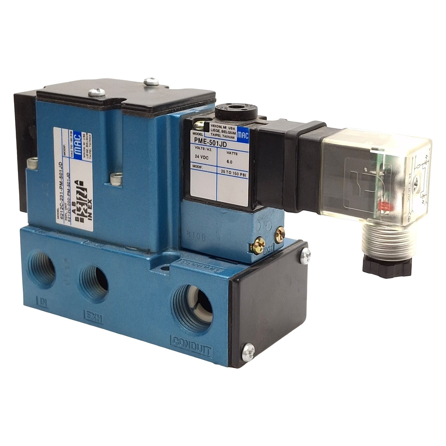 New Mac 6212C-231-PM-501JD Solenoid Valve, 4/2-Way, 25-150psi, 3/8in NPT, 24VDC Coil
