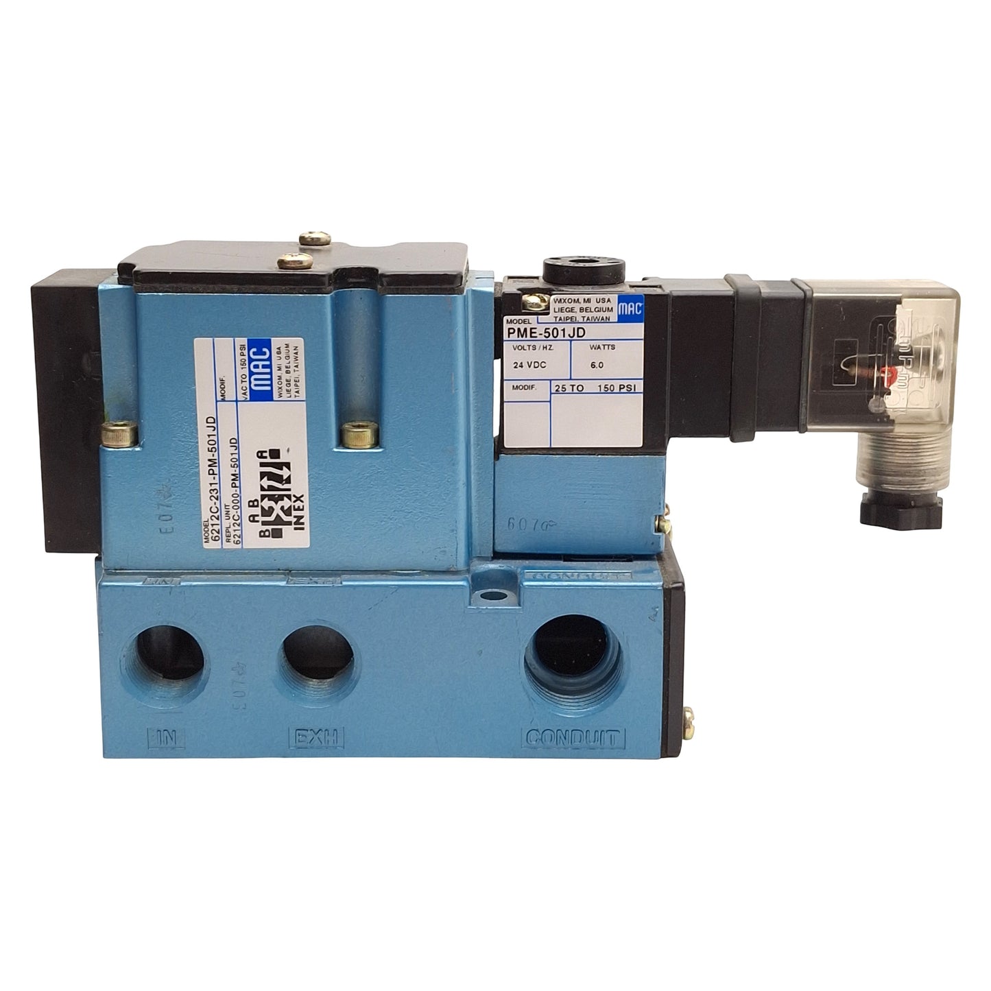 Used Mac 6212C-231-PM-501JD Solenoid Valve, 4/2-Way, 3/8in NPT, 25-150psi, 24VDC Coil