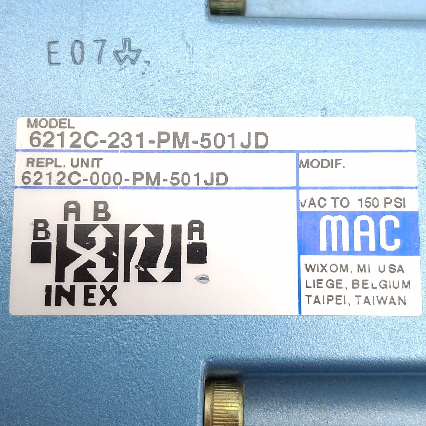 Used Mac 6212C-231-PM-501JD Solenoid Valve, 4/2-Way, 3/8in NPT, 25-150psi, 24VDC Coil