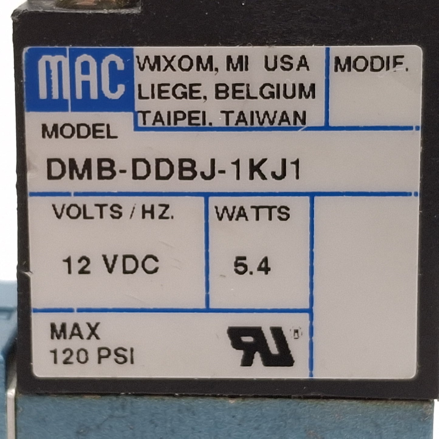 Used Mac 52A-11-B0A-DM-DDBJ-1KJ Solenoid Valve 3/2-NC, 20-150psi, 1/4NPTF, 12VDC Coil
