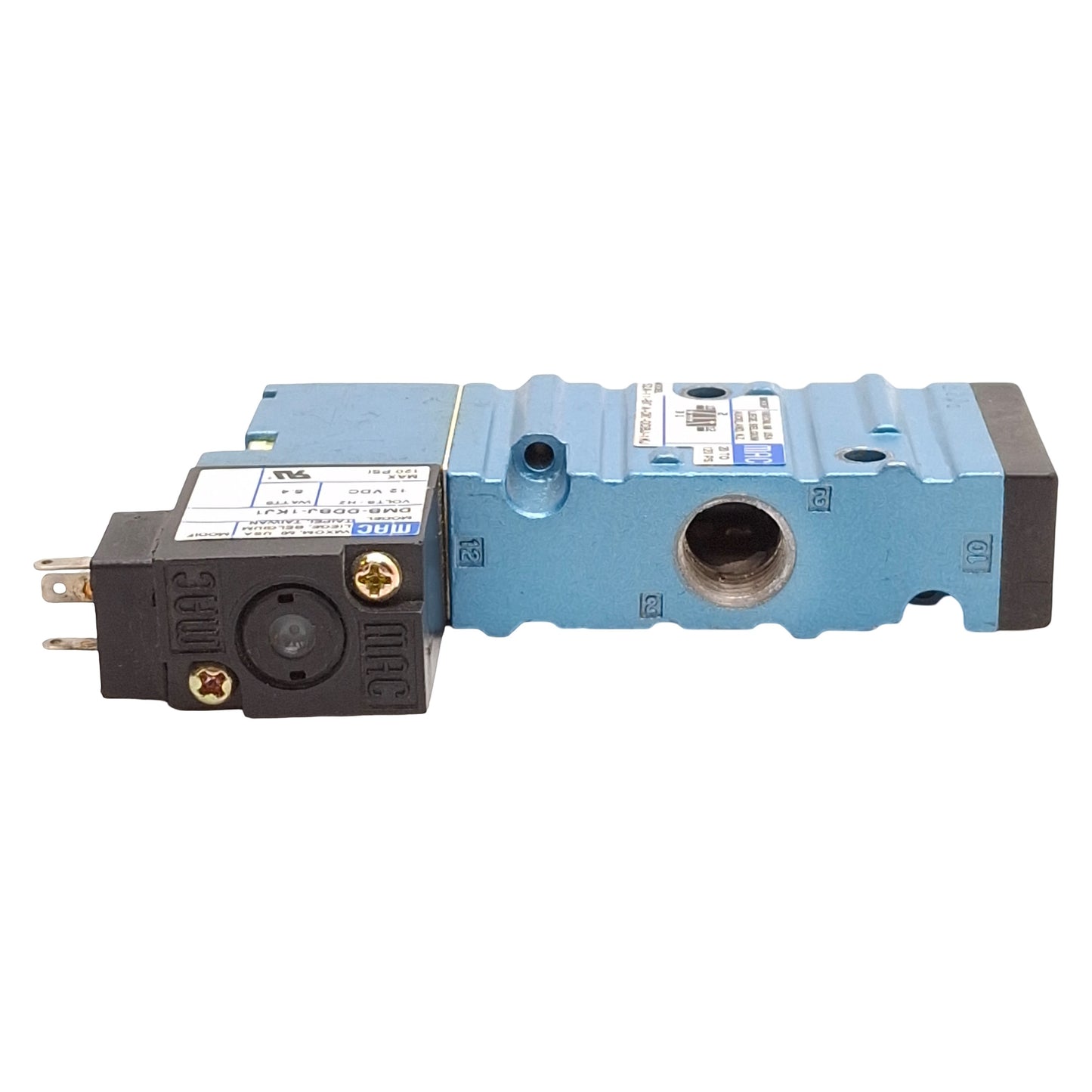 Used Mac 52A-11-B0A-DM-DDBJ-1KJ Solenoid Valve 3/2-NC, 20-150psi, 1/4NPTF, 12VDC Coil