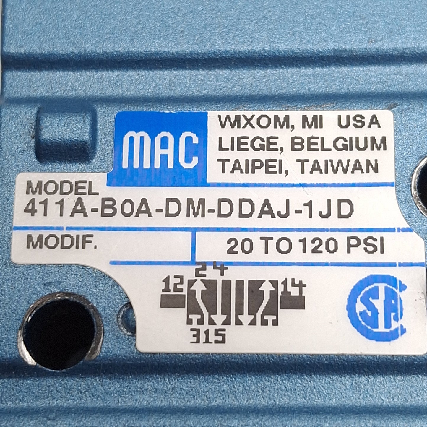 Used Mac 411A-B0A-DM-DDAJ-1JD Solenoid Valve, 5/2-Way, 20-120psi, 1/4NPTF, 24VDC Coil
