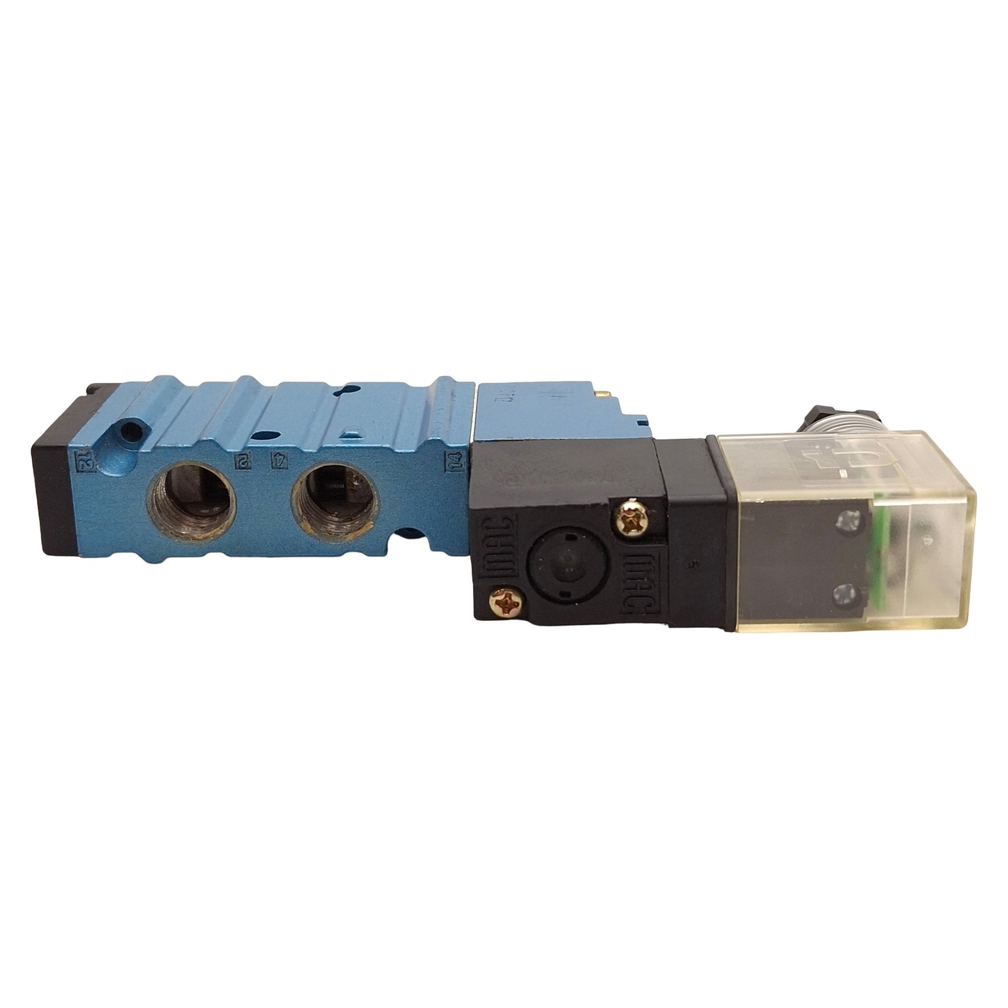 Used Mac 411A-B0A-DM-DDAJ-1JD Solenoid Valve, 5/2-Way, 20-120psi, 1/4NPTF, 24VDC Coil