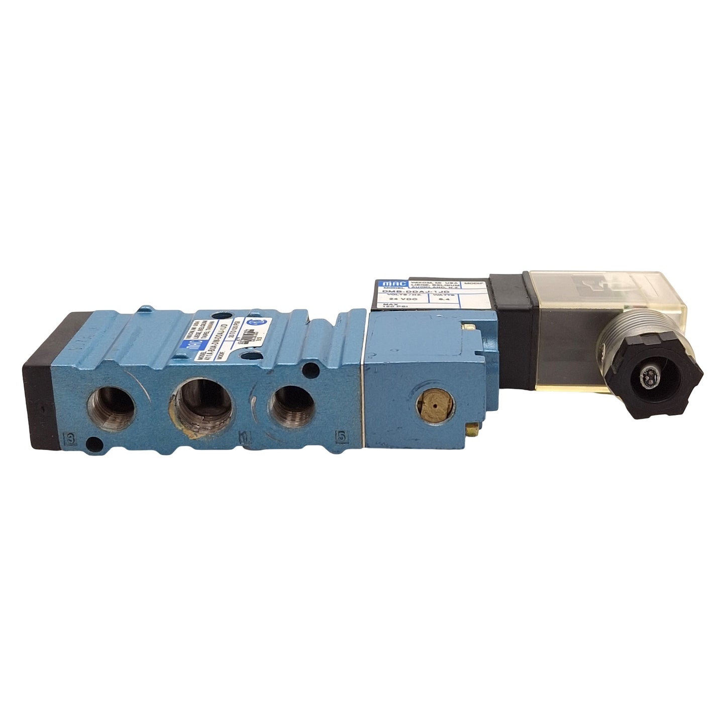 Used Mac 411A-B0A-DM-DDAJ-1JD Solenoid Valve, 5/2-Way, 20-120psi, 1/4NPTF, 24VDC Coil