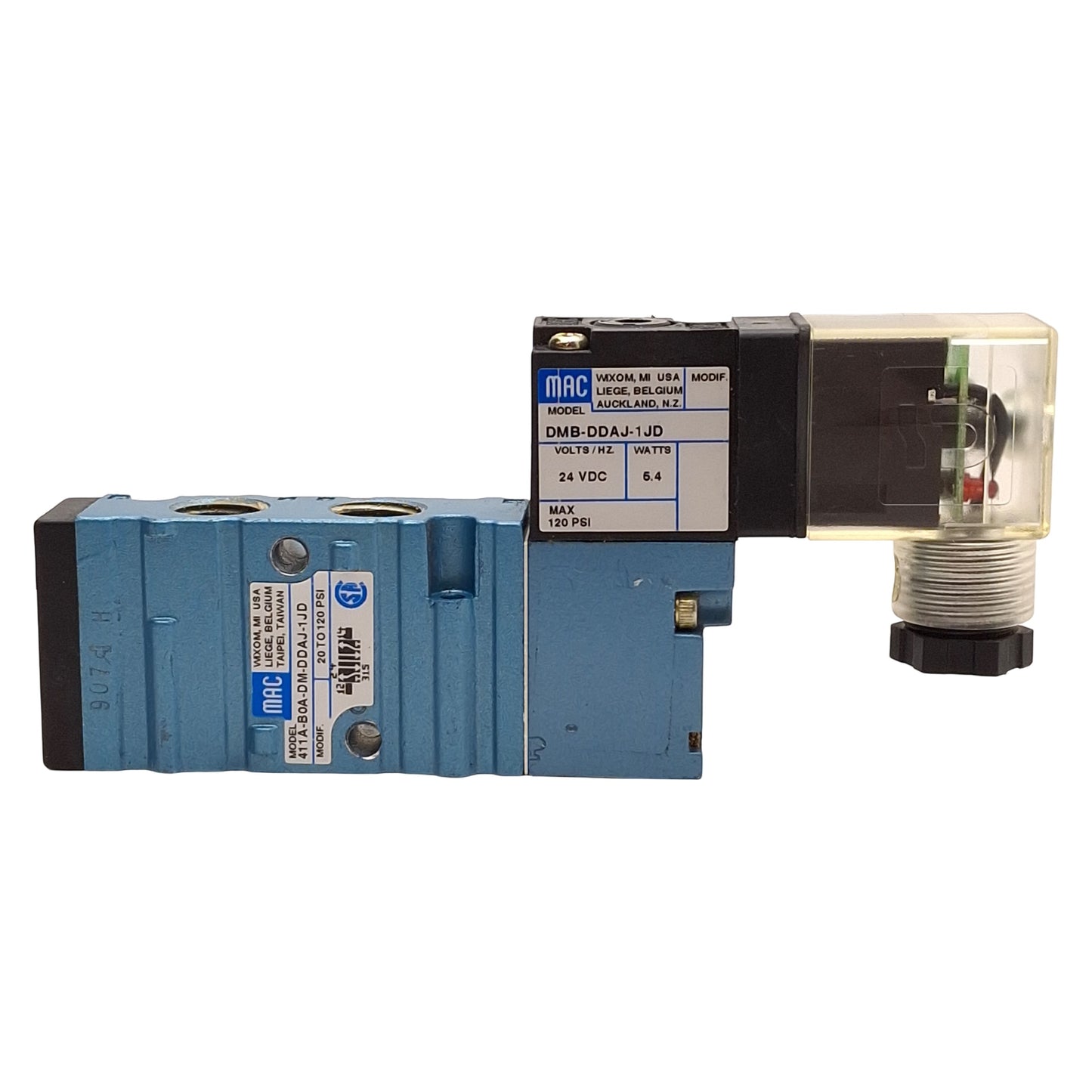 Used Mac 411A-B0A-DM-DDAJ-1JD Solenoid Valve, 5/2-Way, 20-120psi, 1/4NPTF, 24VDC Coil