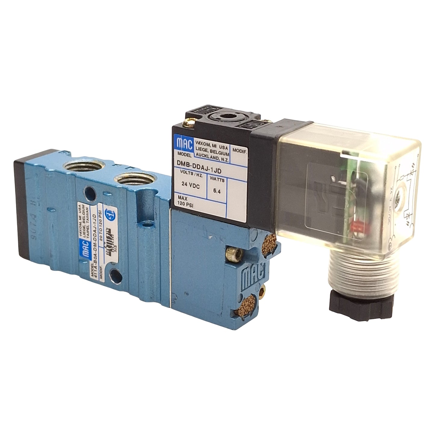 Used Mac 411A-B0A-DM-DDAJ-1JD Solenoid Valve, 5/2-Way, 20-120psi, 1/4NPTF, 24VDC Coil