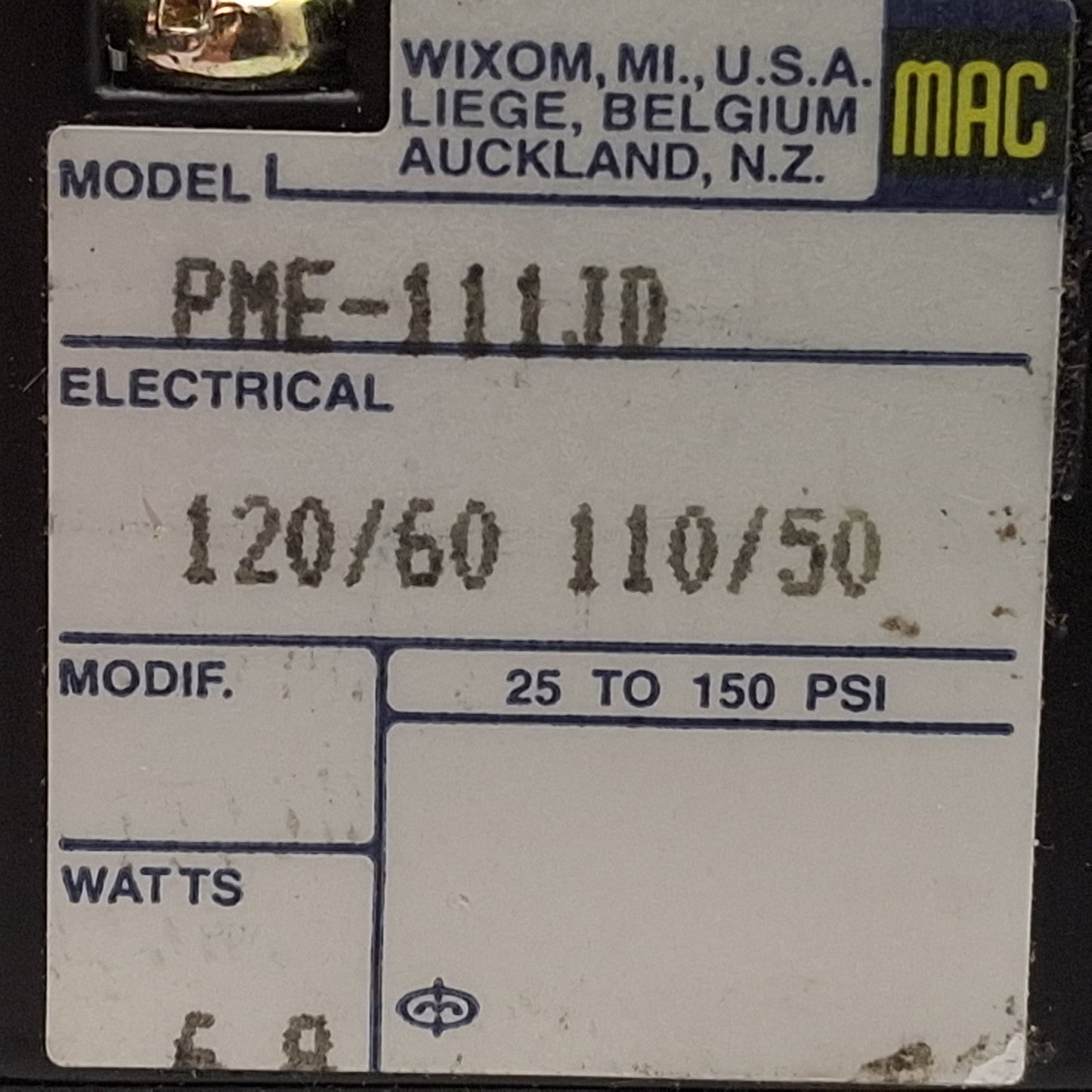 Used Mac PME-111JD Pilot Solenoid Valve, 3/2-Way, 25-150psi, 1/8in NPTF, 120VAC Coil