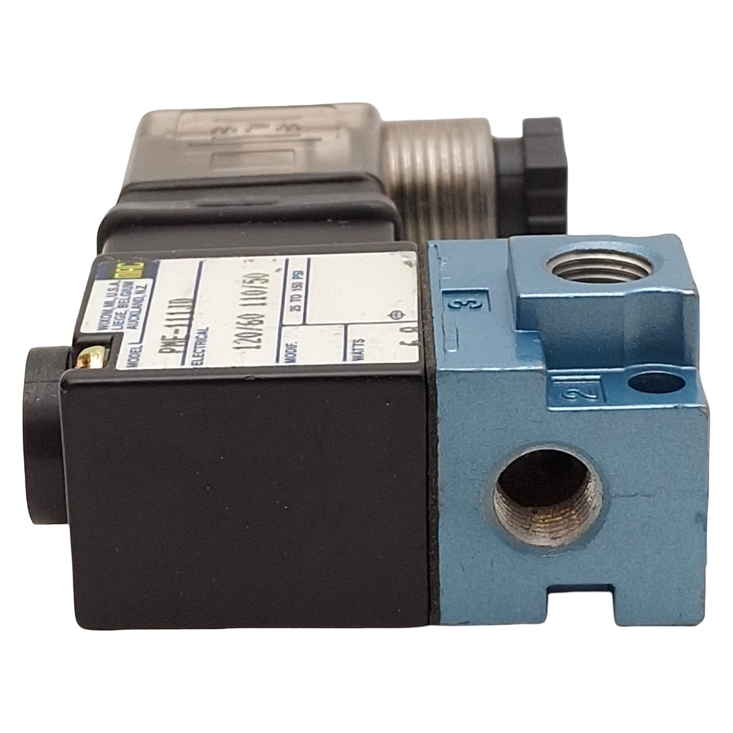 Used Mac PME-111JD Pilot Solenoid Valve, 3/2-Way, 25-150psi, 1/8in NPTF, 120VAC Coil