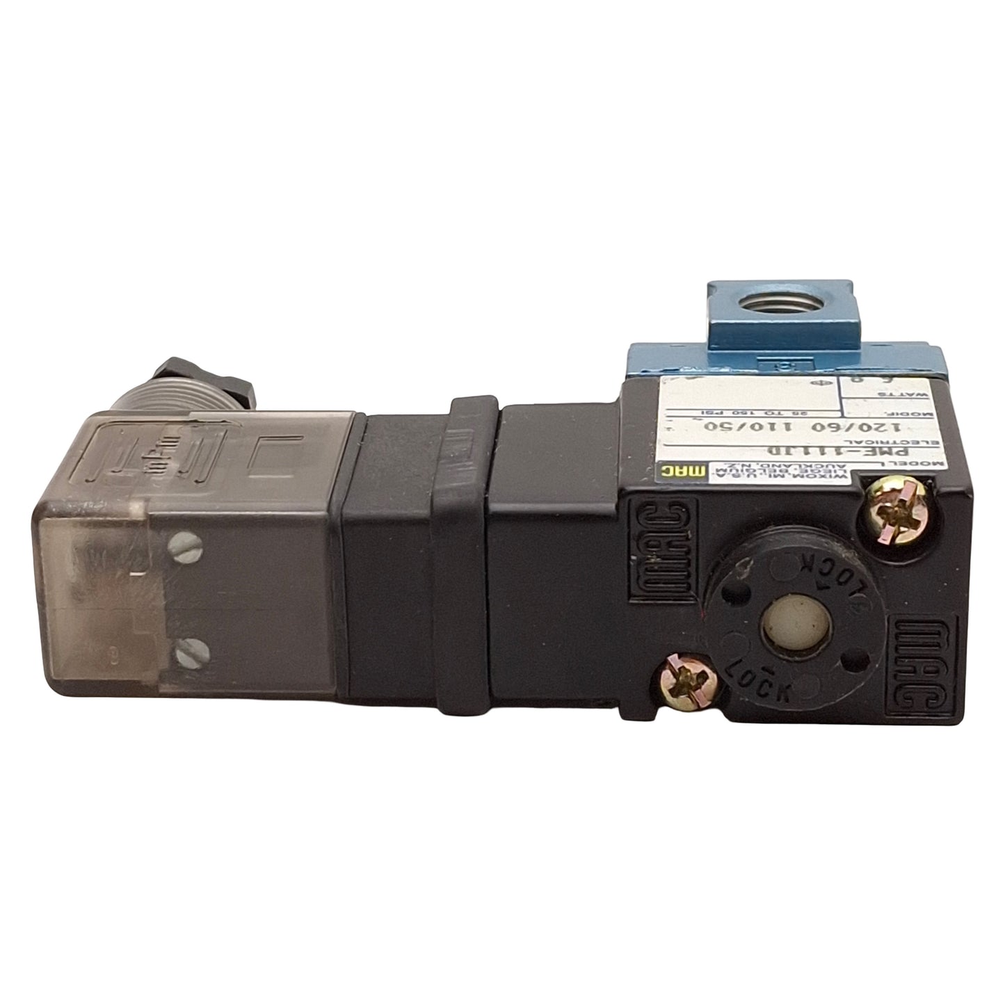 Used Mac PME-111JD Pilot Solenoid Valve, 3/2-Way, 25-150psi, 1/8in NPTF, 120VAC Coil