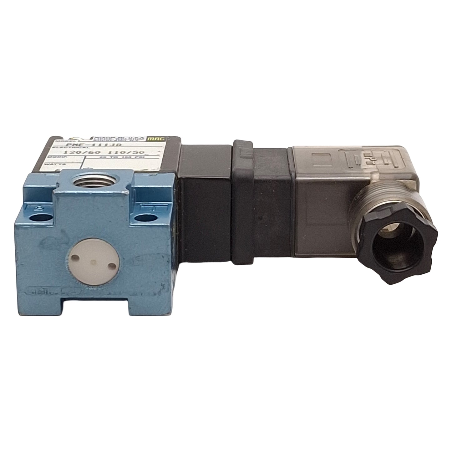 Used Mac PME-111JD Pilot Solenoid Valve, 3/2-Way, 25-150psi, 1/8in NPTF, 120VAC Coil