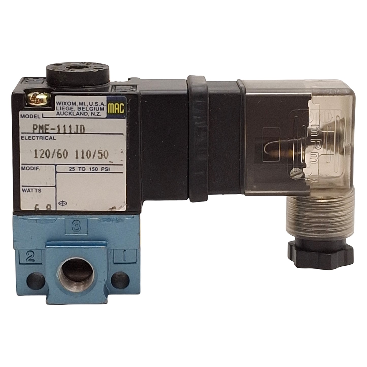Used Mac PME-111JD Pilot Solenoid Valve, 3/2-Way, 25-150psi, 1/8in NPTF, 120VAC Coil