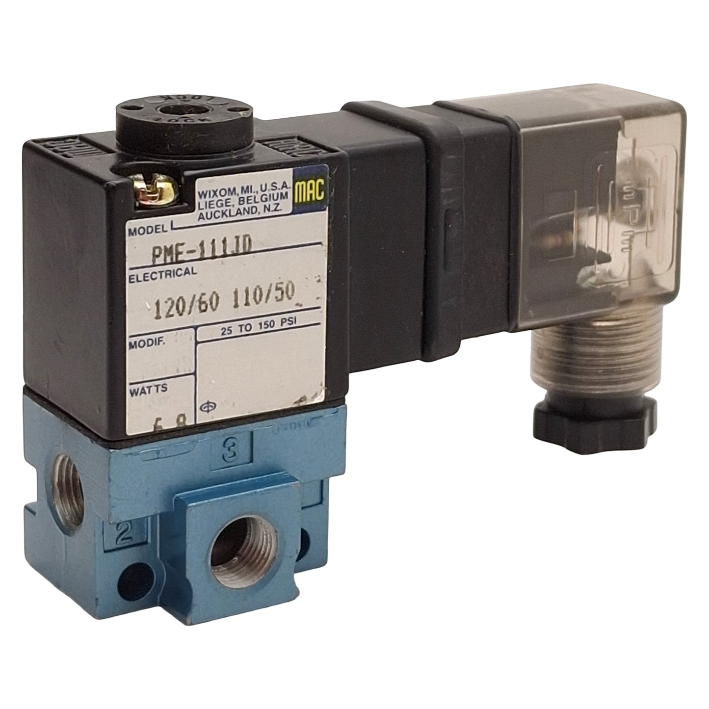 Used Mac PME-111JD Pilot Solenoid Valve, 3/2-Way, 25-150psi, 1/8in NPTF, 120VAC Coil