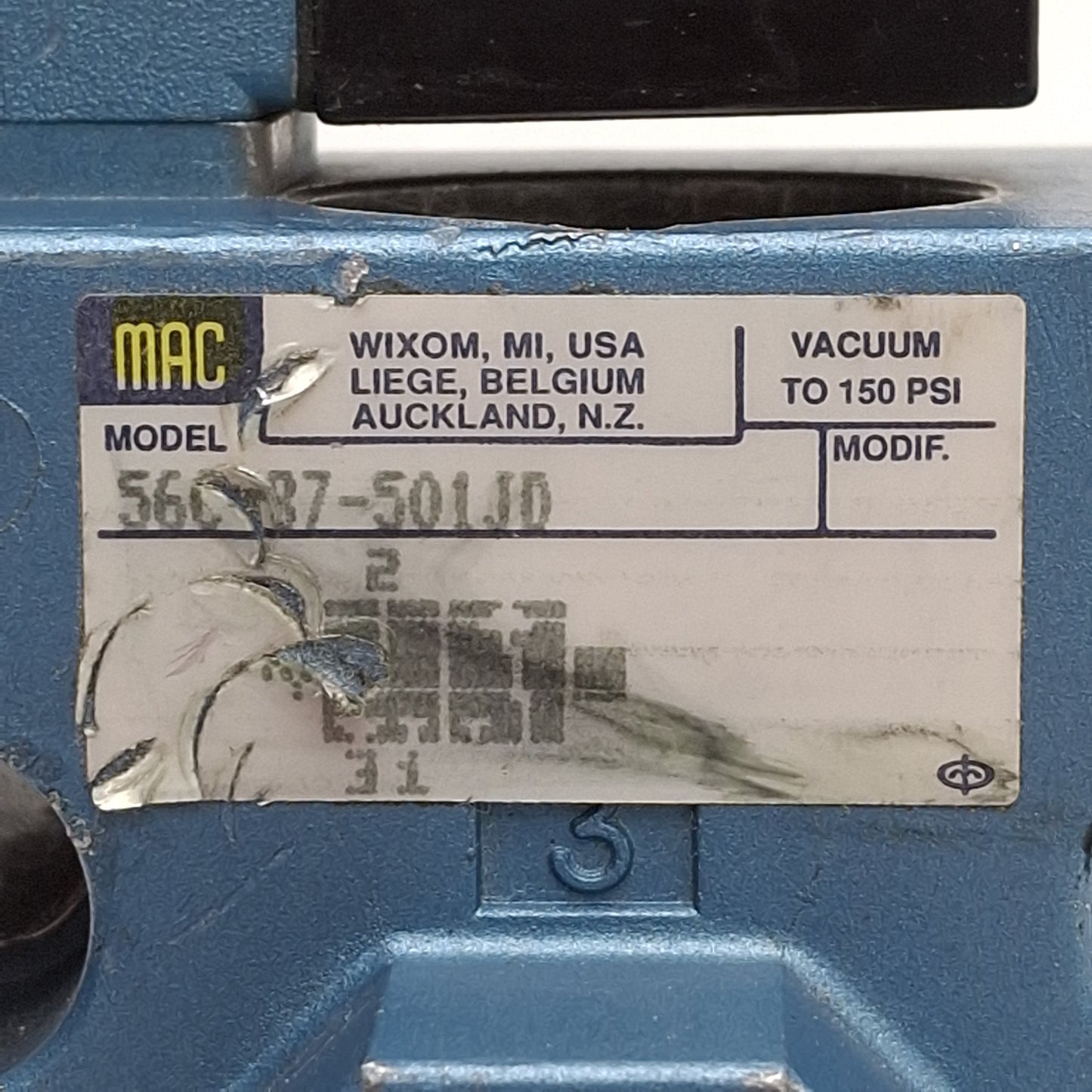 Used Mac 56C-37-501JD Solenoid Valve, 3/2-NC, Vac-150psi, 3/4in NPTF, 24VDC Coil