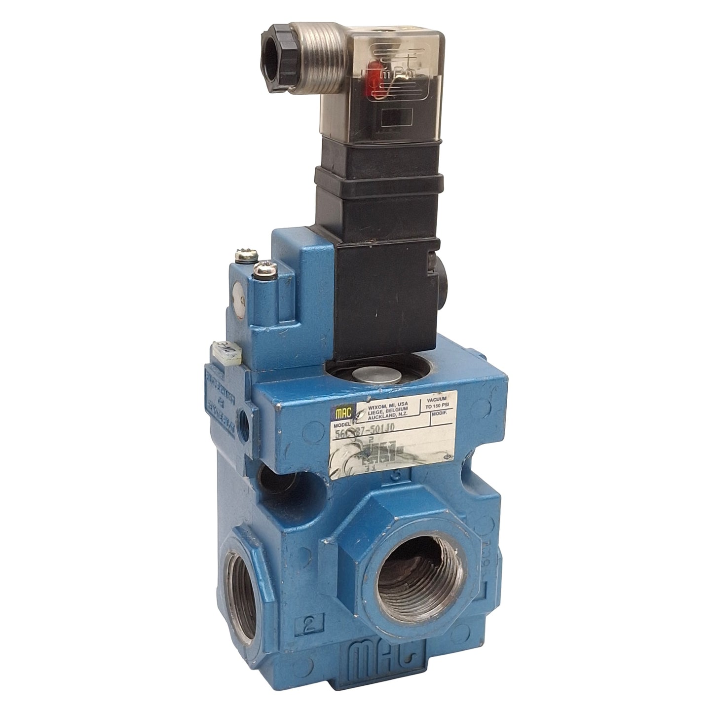 Used Mac 56C-37-501JD Solenoid Valve, 3/2-NC, Vac-150psi, 3/4in NPTF, 24VDC Coil