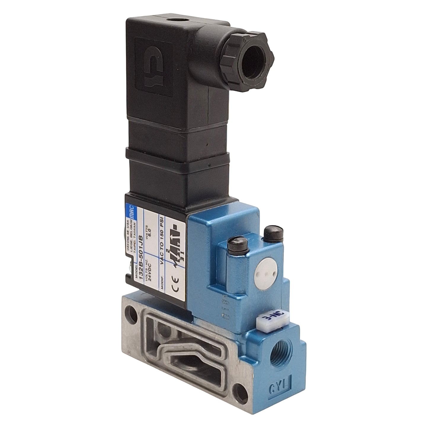 New Mac 132B-501JB Solenoid Valve, 3/2-Universal, Vac-150psi, 1/8in NPTF, 24VDC Coil