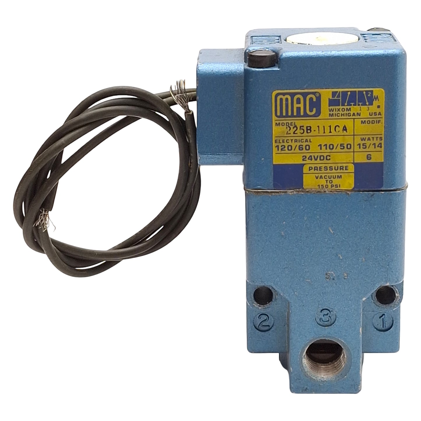 Used Mac 225B-111CA Solenoid Valve, 3/2-Way, 150psi, 1/4in NPTF, 120VAC/24VDC Coil