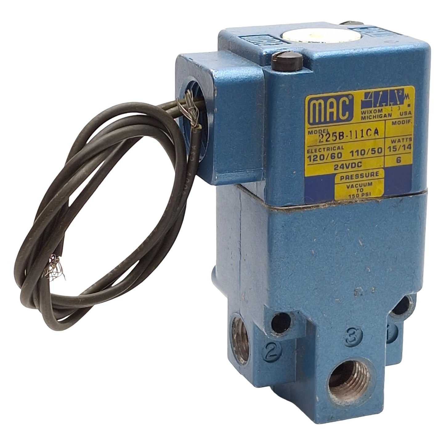 Used Mac 225B-111CA Solenoid Valve, 3/2-Way, 150psi, 1/4in NPTF, 120VAC/24VDC Coil