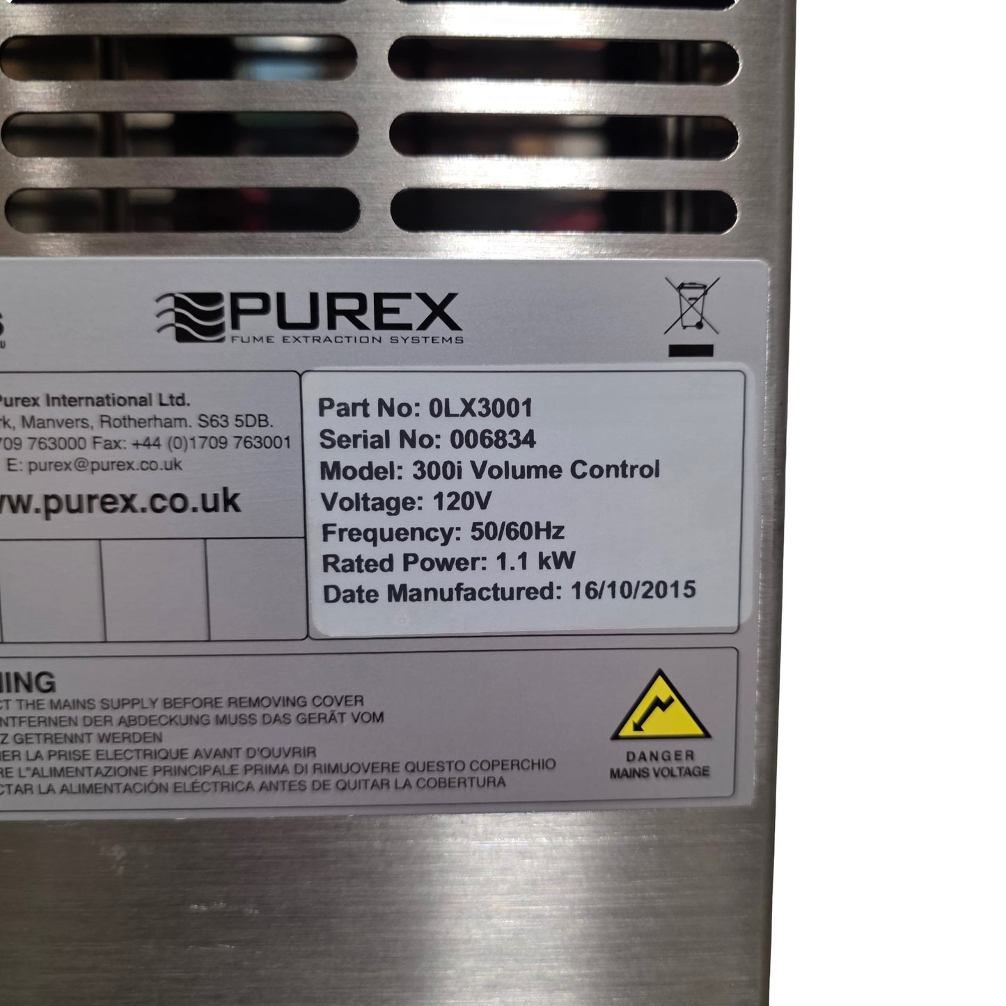 Used Purex 0LX3001 300i Digital Fume Extractor 330m³/Hr, 3" Inlet, 1.2kW, 120VAC