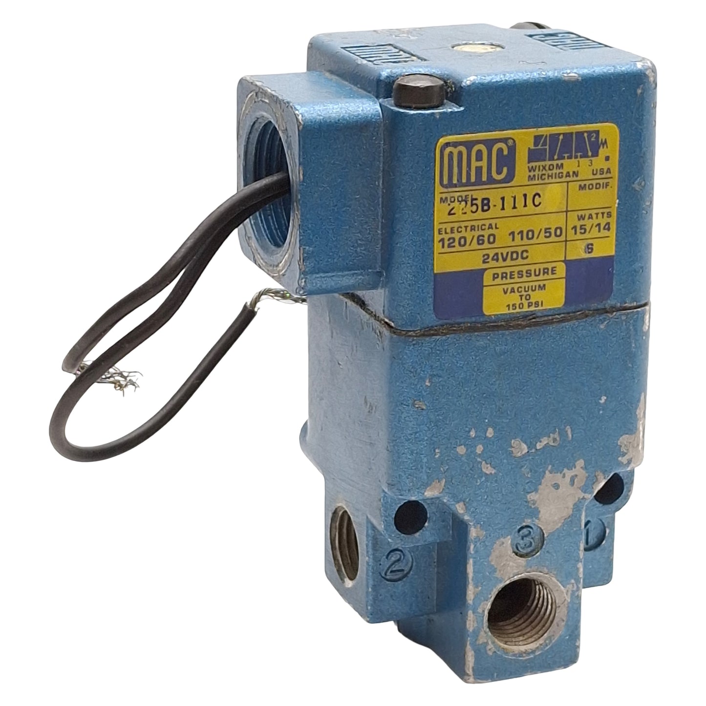Used Mac 225B-111C Solenoid Valve, 3/2-Way, 150psi, 1/4in NPTF, 120VAC/24VDC Coil