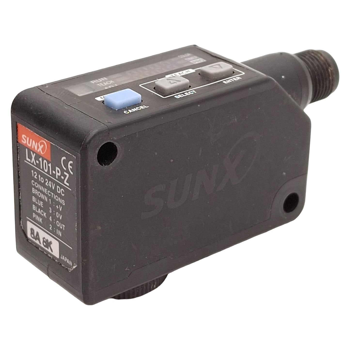 Used SUNX LX-101-P-Z Digital Mark Sensor, PNP, 10mm ±3mm Range, M12 4-Pin, 12-24VDC